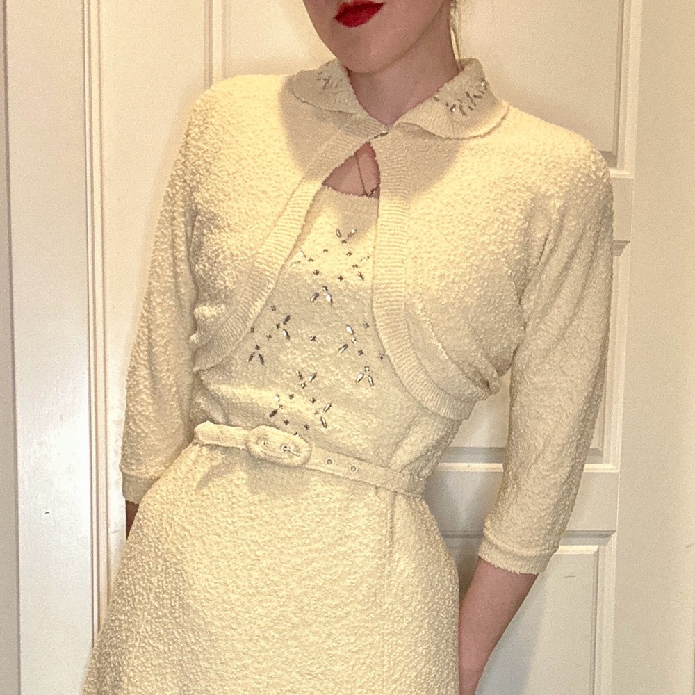 1950s knit dress, belt, and Jacket Set - Picture 1 of 8